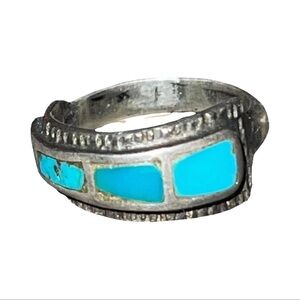 Silver Ring with Turquoise Inlay - Blue Stone Accent
